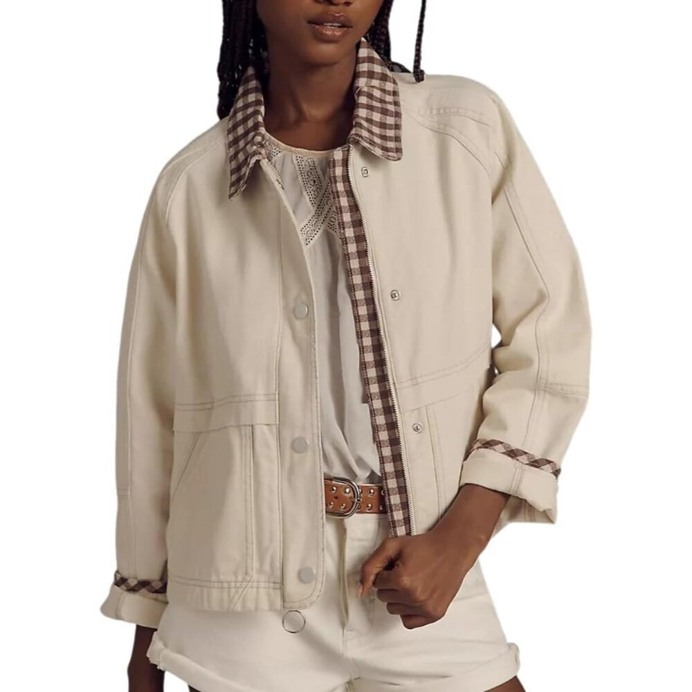 Women Denim Jacket Cotton Blend Oversized Plaid Collar Pockets Trendy